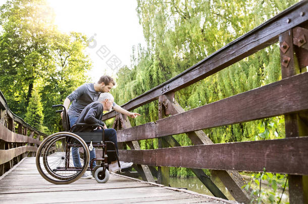 时髦儿子与残疾父亲坐轮椅在公园散步.