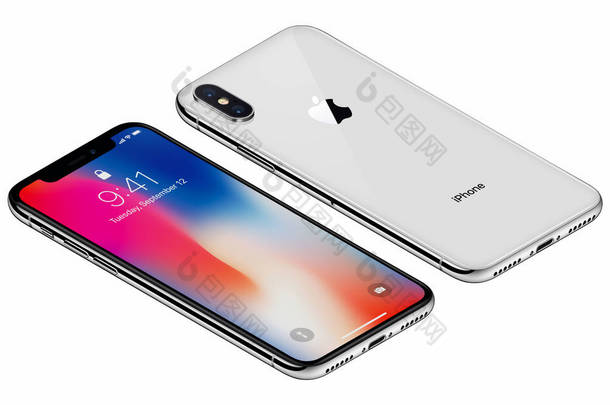 等距银色<strong>苹果</strong> iphone X 前端与 ios 11 锁屏界面和背面隔离的白色背景