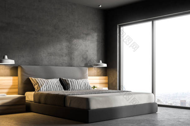 现代卧室的一角, 有<strong>灰色</strong>的墙壁, 一层混凝土地板, 一张<strong>双人床</strong>和两个床头台灯。阁楼窗口与风景。3d 渲染模拟
