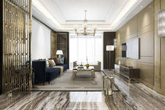 3d 渲染豪华经典客厅与大理石瓷砖和书架