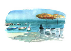 水彩插图海滩与日光浴床，雨伞和船只彩色隔离对象在白色背景的广告