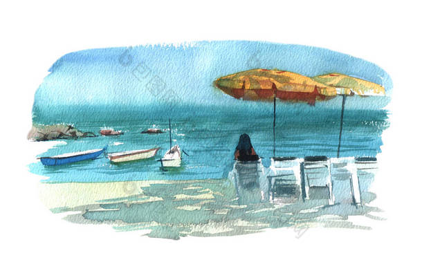 水彩插图海滩与日光浴床，<strong>雨伞</strong>和船只彩色隔离对象在白色背景的<strong>广告</strong>