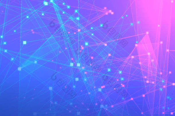 带有连接技术背景的紫色蓝色多边形技术网络。抽象的<strong>网点</strong>和线条纹理背景.3d渲染.