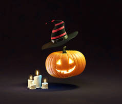 一个开朗的南瓜头，头戴一顶帽子，眼睛闪闪发光，在黑暗的背景下，在蜡烛旁边笑着。3D渲染.