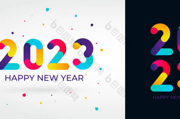 2023具有渐变色的新年数字。2023新年快乐标志文字设计。矢量编号设计模板。问候卡片模板。圣诞节标志你的设计。附有标签的说明.