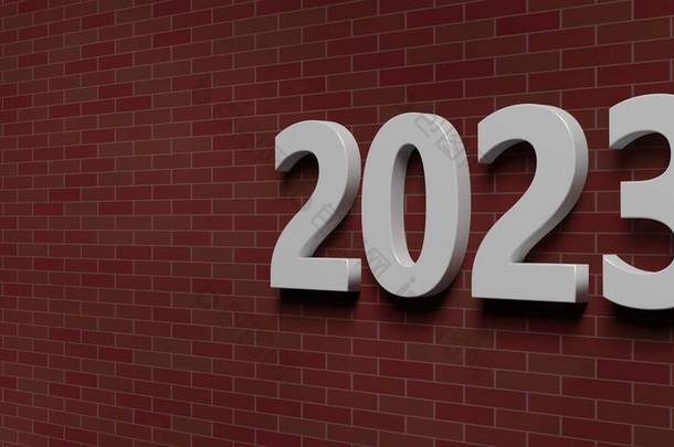 <strong>2023</strong> New Year. White digit on red brick wall background. Number on building facade, copy space, gree