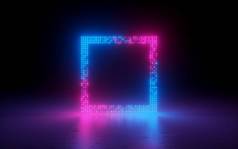 3d 渲染, 抽象背景, 屏幕像素, 发光点, 霓虹灯, 虚拟现实, 紫外线光谱, 粉红色蓝色鲜艳的颜色, 激光显示, 方形框架隔离在黑色