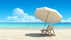沙滩椅和田园热带沙滩上的伞