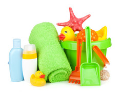 沙滩宝贝玩具、 毛巾和瓶