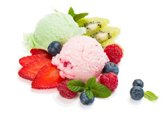 薄荷叶与成熟的浆果冰淇淋