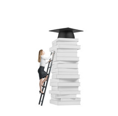 年轻的女士爬上即可获得大学学士学位。成堆的书籍与毕业帽子作为奖品。分离.