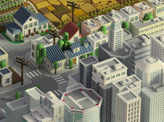 3d 数字城市的渲染。抽象的城市景观与线框摩天大楼.