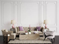 经典的内饰。沙发, 椅子, sidetables 与灯具, 桌子与装饰。白色墙壁与装饰。地板实木复合木字形, 地毯与图案。样机, 复制空间。数字 ilustration 3 d 渲染