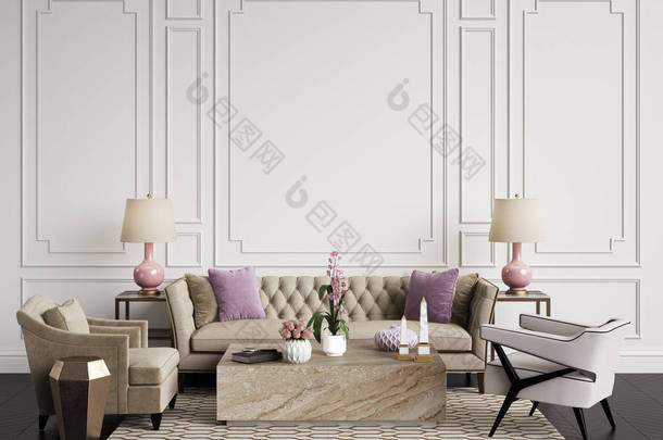 经典的内饰。沙发, 椅子, sidetables 与灯具, 桌子与装饰。白色墙壁与装饰。地板实木复合木字形, 地毯与图案。样机, 复制空间。数字 ilustration 3 d 渲染
