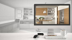 建筑师房项目理念, 桌面电脑在白色办公桌上展示现代木制厨房, Cad 素描室内设计背景
