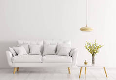 现代室内客厅与白色沙发, 木茶几和灯3d 渲染