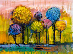 油画风景, 五颜六色的树木。手绘印象派, 户外景观.
