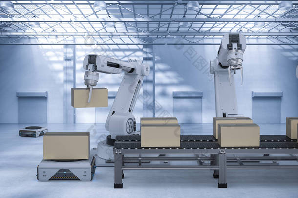 3d 渲染机器人臂与仓储机器人和输送带的自动化工厂概念