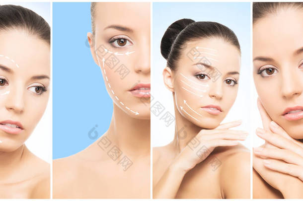 女性肖像拼贴画。年轻女性的健康面孔。水疗, 面部提升, 整形外科理念.