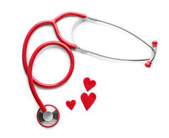 医用听诊器和红心白色背景。心脏病学概念