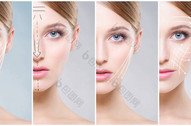 女性肖像拼贴画。年轻女性的健康面孔。水疗, 面部提升, 整形外科拼贴概念.
