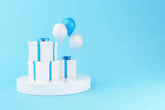 3d 插图。蓝色背景上的气球和礼品盒。最小和生日聚会概念.