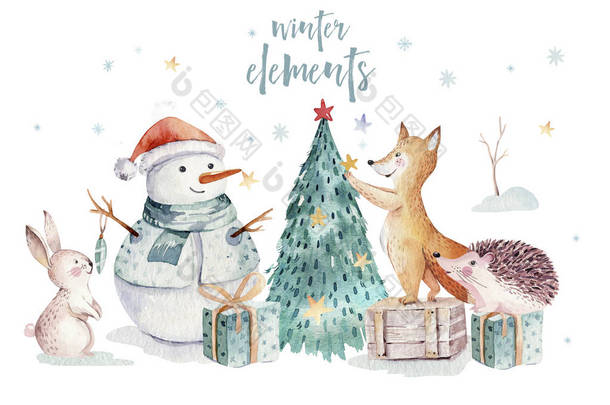 水彩金色圣诞快乐与雪人, 圣诞树, 节日可爱的动物狐狸, 兔子和刺猬。圣诞节庆祝卡。冬<strong>季新</strong>年</strong>设计.