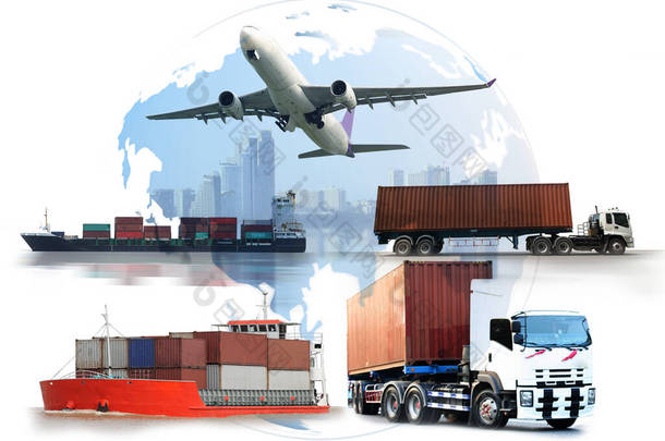运输、进出口和物流概念、<strong>集装箱卡车</strong>、港口船舶和运输中的货运飞机以及进出口商业物流、航运业