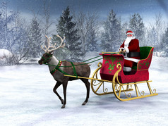 驯鹿拉与圣诞老人的雪橇.