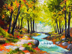 风景油画-秋天的树林中的河