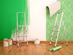 三维图的绘画墙和墙纸的绿色颜色