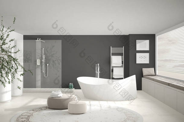 现代经典浴室带大圆形地毯, 大全景 w