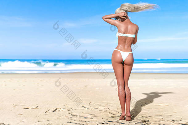 3d 美丽的阳光晒黑妇女沙滩上的蓝绿色泳装比基尼。夏天休息。蓝色海洋<strong>背景</strong>。晴朗的一天。概念时尚艺术。诱人的坦率的姿态。<strong>逼</strong>真渲染插图.