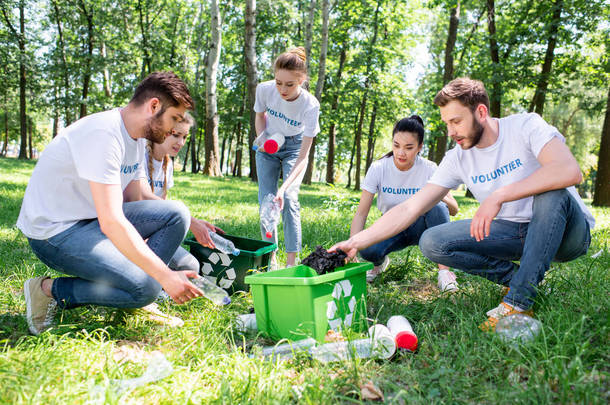 <strong>青年志愿者</strong>与绿色回收箱清洁公园一起