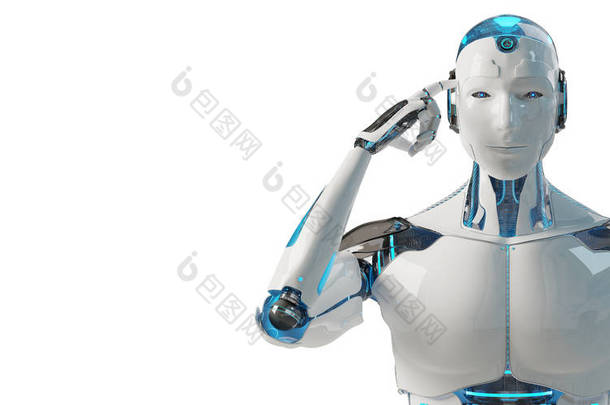 白色的男性机器人思考和触摸他的头被隔离在白色背景3d 渲染