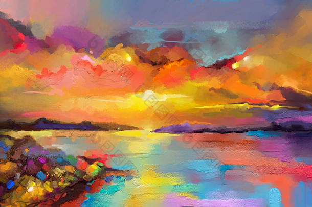 油画纹理上的彩色油画。具有阳光背景的海景画的印象派形象。现代艺术油画的日落在海和海滩。抽象当代艺术