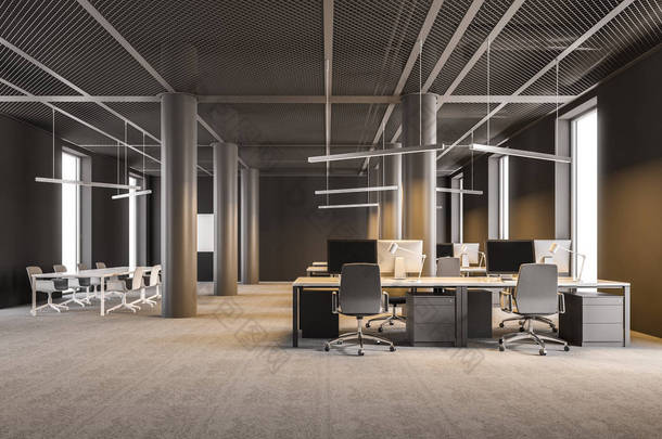 一个现代咨询公司办公室的前视图与棕色墙壁, 专栏和计算机桌站立在列。工业风格。阁楼3d 渲染模拟