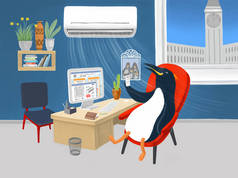 在空调下的办公室里的虚构企鹅
