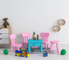桌子和椅子在白色的儿童房间的模型, 3d 渲染