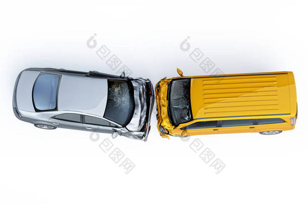 两辆车出事了撞车了一辆黄色<strong>面包车</strong>对着一辆银色轿车。巨大的伤害。隔离在白色背景上。从顶部查看.