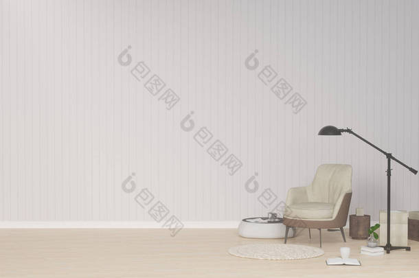 灰色扶手椅在客厅3d 渲染, 简单的室内装饰与植物和灯在干净的墙壁前舒适的风格.
