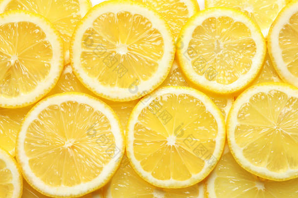 多汁的<strong>柠檬片</strong>作为背景, 顶视图。柑橘类<strong>水果</strong>