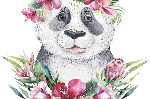 一张带有熊猫宝宝的海报。水彩卡通熊猫热带设计打印.