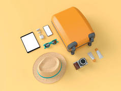 平底与太阳眼镜，拖鞋，帽子，防晒霜，手机和相机橙色最小风格背景。旅行理念。3D 模型渲染可视化插图