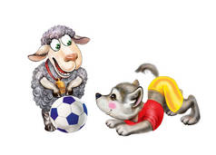 狼羊的插图，卡通动物踢足球，友谊的概念，白色背景上的孤立人物