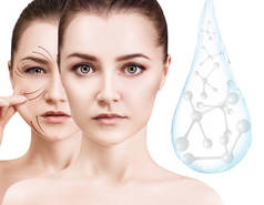 女人的脸靠近水滴与分子。3d 渲染.