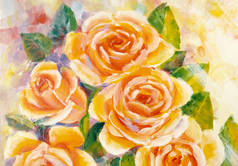 阳光明媚的玫瑰布什，画布上的油画
