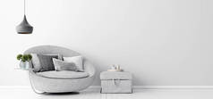 家用内饰灰色沙发和白色墙壁造型，斯堪的纳维亚风格，3D渲染
