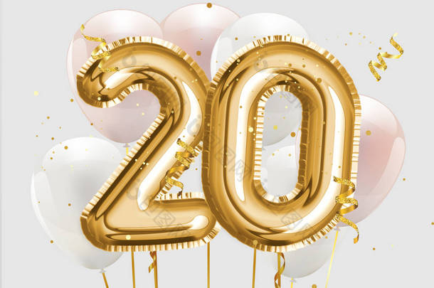 生日快乐20岁生日金箔气球背景。 20周年标志的模板20周年庆祝与Confetti 。 照片库存