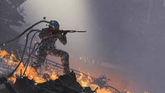 the futuristic soldier aiming his gun at the enemy against the battlefield background, digital art s